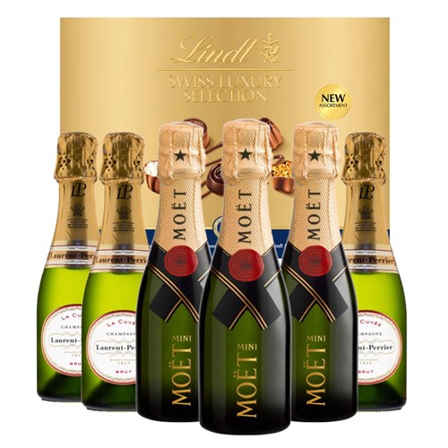 Mini Champagne Moet Brut and Laurent Perrier Brut 20cl Case of 6 with Lindt Swiss Tradition Chocolates 193g